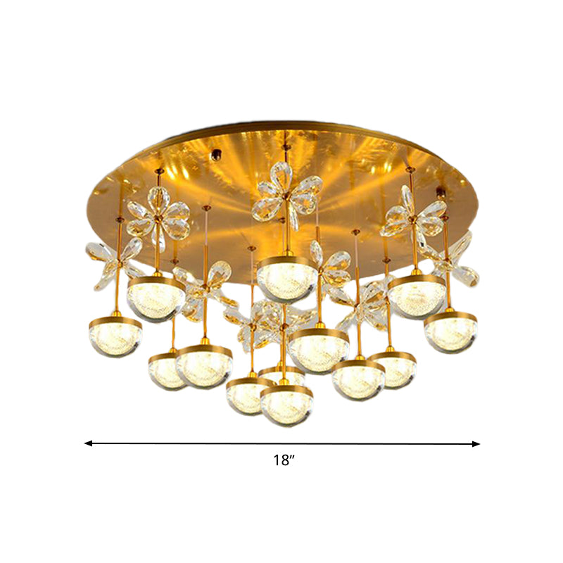 Hemisphere Semi Flush Contemporary Crystal 9/12 Heads Brass Close to Ceiling Lamp, 18"/23.5" Wide Clearhalo 'Ceiling Lights' 'Close To Ceiling Lights' 'Close to ceiling' 'Semi-flushmount' Lighting' 279008