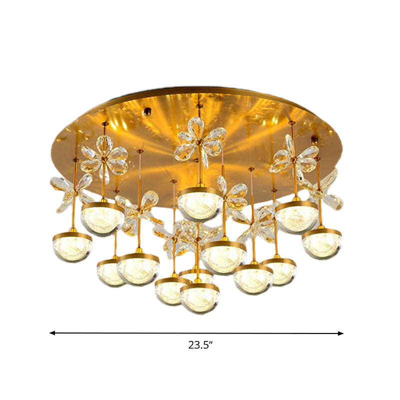 Hemisphere Semi Flush Contemporary Crystal 9/12 Heads Brass Close to Ceiling Lamp, 18"/23.5" Wide Clearhalo 'Ceiling Lights' 'Close To Ceiling Lights' 'Close to ceiling' 'Semi-flushmount' Lighting' 279009