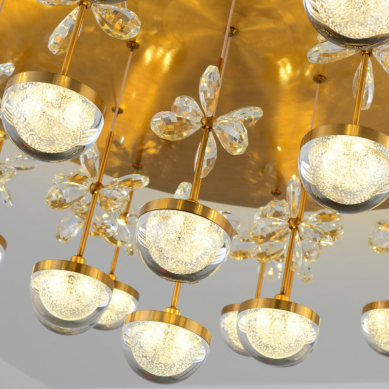 Hemisphere Semi Flush Contemporary Crystal 9/12 Heads Brass Close to Ceiling Lamp, 18"/23.5" Wide Clearhalo 'Ceiling Lights' 'Close To Ceiling Lights' 'Close to ceiling' 'Semi-flushmount' Lighting' 279010