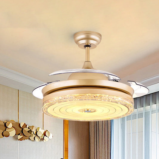 Gold Finish Downrod LED Ceiling Fan Modern 4-Blade Clear Crystal Semi Flush Light Kit with Remote Control/Wall Control/Frequency Conversion Gold Clearhalo 'Ceiling Fans with Lights' 'Ceiling Fans' 'Modern Ceiling Fans' 'Modern' Lighting' 279030