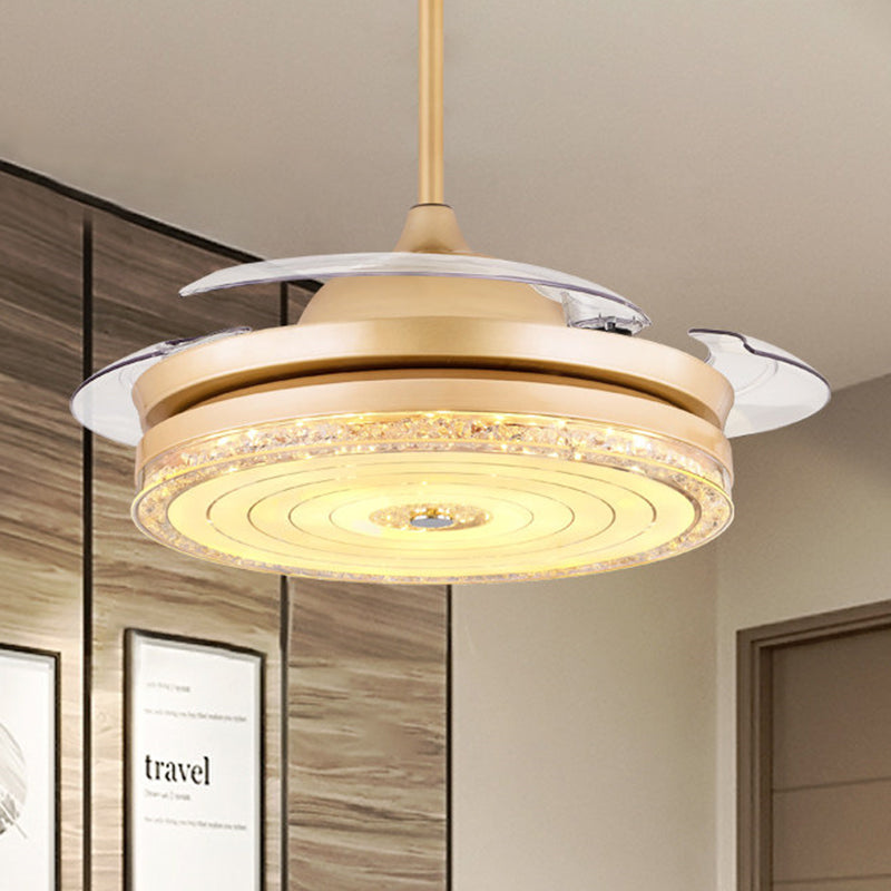 Gold Finish Downrod LED Ceiling Fan Modern 4-Blade Clear Crystal Semi Flush Light Kit with Remote Control/Wall Control/Frequency Conversion Clearhalo 'Ceiling Fans with Lights' 'Ceiling Fans' 'Modern Ceiling Fans' 'Modern' Lighting' 279031