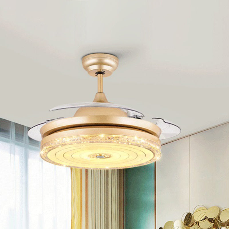 Gold Finish Downrod LED Ceiling Fan Modern 4-Blade Clear Crystal Semi Flush Light Kit with Remote Control/Wall Control/Frequency Conversion Clearhalo 'Ceiling Fans with Lights' 'Ceiling Fans' 'Modern Ceiling Fans' 'Modern' Lighting' 279032