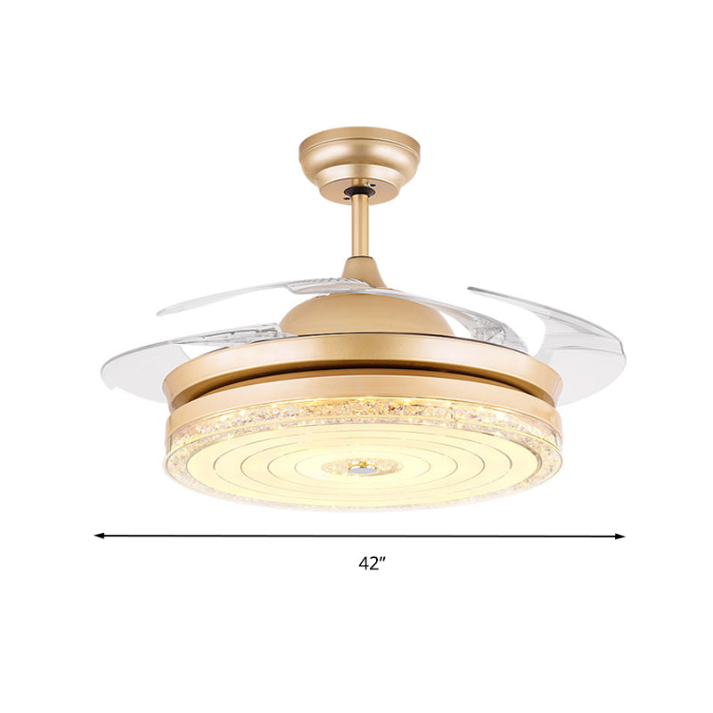 Gold Finish Downrod LED Ceiling Fan Modern 4-Blade Clear Crystal Semi Flush Light Kit with Remote Control/Wall Control/Frequency Conversion Clearhalo 'Ceiling Fans with Lights' 'Ceiling Fans' 'Modern Ceiling Fans' 'Modern' Lighting' 279035