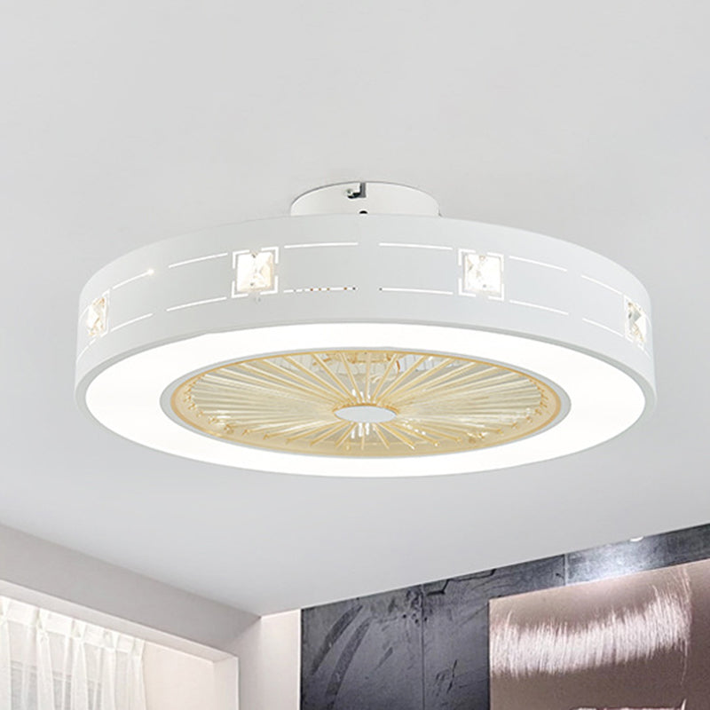 LED Drum/Box Fan Light Minimalist Carved Crystal Invisible Blade Ceiling Flush Lamp in White Clearhalo 'Ceiling Fans with Lights' 'Ceiling Fans' 'Modern Ceiling Fans' 'Modern' Lighting' 279038