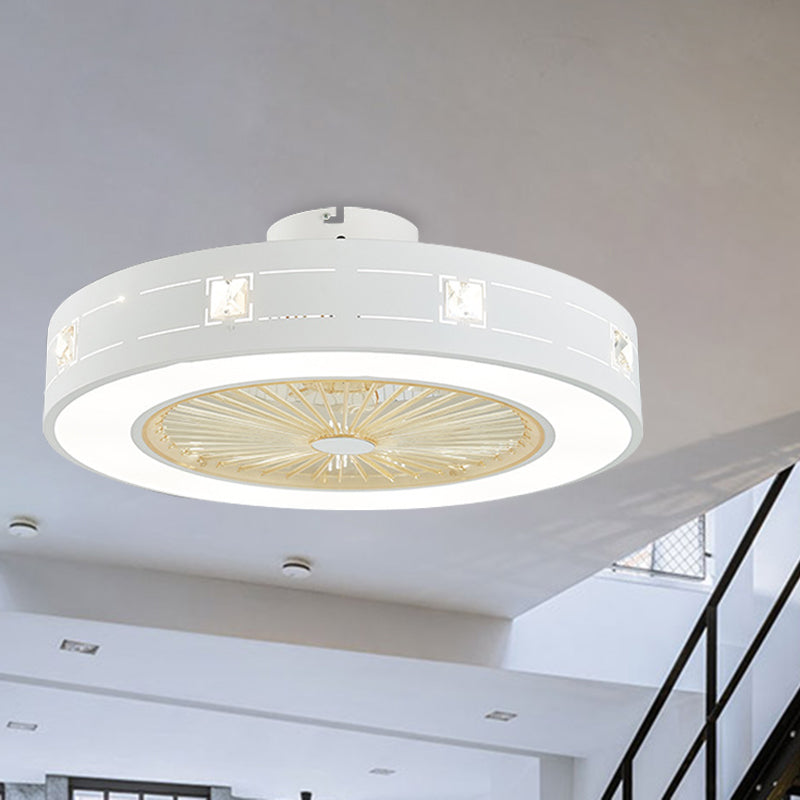 LED Drum/Box Fan Light Minimalist Carved Crystal Invisible Blade Ceiling Flush Lamp in White Clearhalo 'Ceiling Fans with Lights' 'Ceiling Fans' 'Modern Ceiling Fans' 'Modern' Lighting' 279039