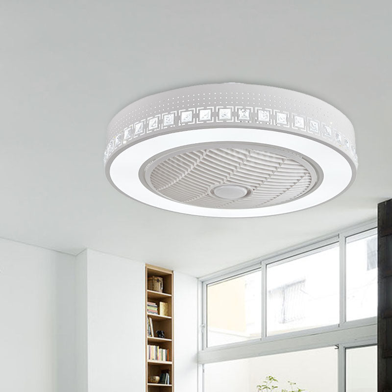 LED Drum/Box Fan Light Minimalist Carved Crystal Invisible Blade Ceiling Flush Lamp in White Clearhalo 'Ceiling Fans with Lights' 'Ceiling Fans' 'Modern Ceiling Fans' 'Modern' Lighting' 279044