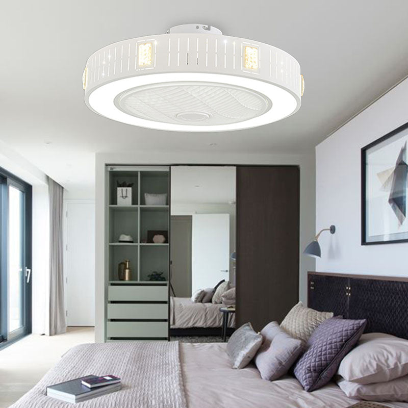 LED Drum/Box Fan Light Minimalist Carved Crystal Invisible Blade Ceiling Flush Lamp in White Clearhalo 'Ceiling Fans with Lights' 'Ceiling Fans' 'Modern Ceiling Fans' 'Modern' Lighting' 279058