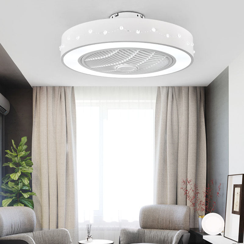 LED Drum/Box Fan Light Minimalist Carved Crystal Invisible Blade Ceiling Flush Lamp in White Clearhalo 'Ceiling Fans with Lights' 'Ceiling Fans' 'Modern Ceiling Fans' 'Modern' Lighting' 279070