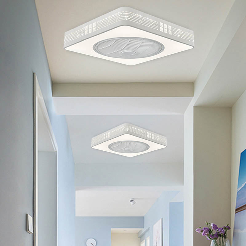 LED Drum/Box Fan Light Minimalist Carved Crystal Invisible Blade Ceiling Flush Lamp in White Clearhalo 'Ceiling Fans with Lights' 'Ceiling Fans' 'Modern Ceiling Fans' 'Modern' Lighting' 279088