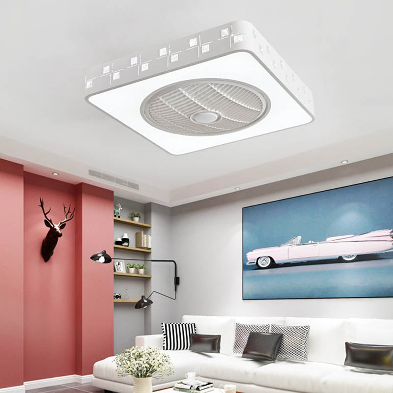 LED Drum/Box Fan Light Minimalist Carved Crystal Invisible Blade Ceiling Flush Lamp in White Clearhalo 'Ceiling Fans with Lights' 'Ceiling Fans' 'Modern Ceiling Fans' 'Modern' Lighting' 279094