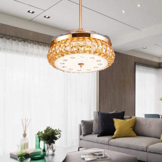 Modern Style LED Downrod Ceiling Fan Round Faceted Crystal Wall Control/Remote Control Indoor Lighting in Gold Clearhalo 'Ceiling Fans with Lights' 'Ceiling Fans' 'Modern Ceiling Fans' 'Modern' Lighting' 279127