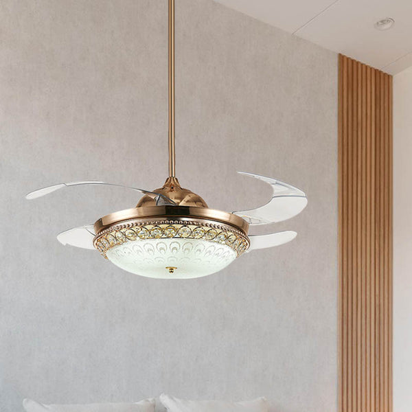 Kit de lumière de ventilateur en forme de dôme doré avec télécommande, plafonnier LED suspendu en cristal moderne pour chambre à coucher