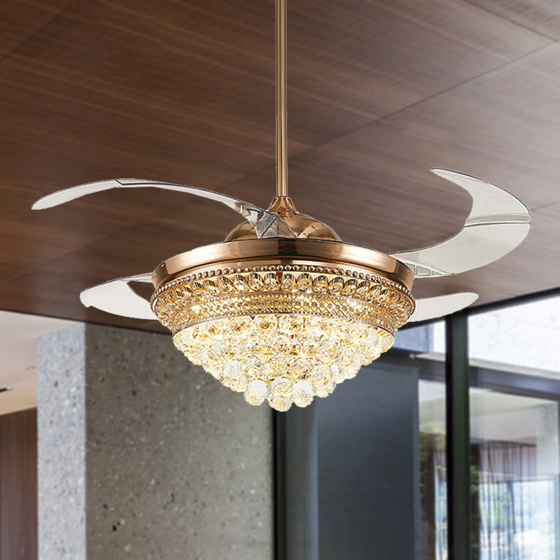 Conical LED Indoor Fan Light Fixture Minimalist Crystal Ball 4 Retractable Blades Ceiling Lighting in Gold Clearhalo 'Ceiling Fans with Lights' 'Ceiling Fans' 'Modern Ceiling Fans' 'Modern' Lighting' 279143