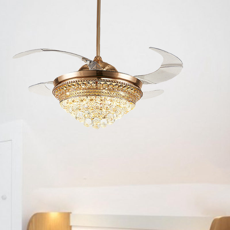 Conical LED Indoor Fan Light Fixture Minimalist Crystal Ball 4 Retractable Blades Ceiling Lighting in Gold Clearhalo 'Ceiling Fans with Lights' 'Ceiling Fans' 'Modern Ceiling Fans' 'Modern' Lighting' 279144