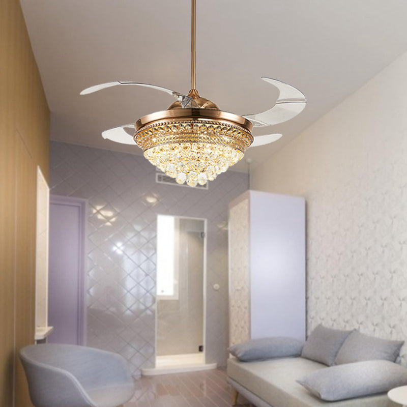 Conical LED Indoor Fan Light Fixture Minimalist Crystal Ball 4 Retractable Blades Ceiling Lighting in Gold Clearhalo 'Ceiling Fans with Lights' 'Ceiling Fans' 'Modern Ceiling Fans' 'Modern' Lighting' 279145