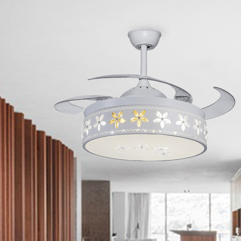 Embedded Crystal Flower LED Ceiling Fan Simple Style 4-Blade White Hanging Lamp Kit White Clearhalo 'Ceiling Fans with Lights' 'Ceiling Fans' 'Modern Ceiling Fans' 'Modern' Lighting' 279148