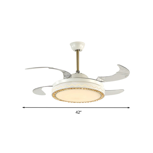 Minimalist Carved Drum Hanging Fan Light Smart Control White Metallic LED Ceiling Lamp with Crystal Accent Clearhalo 'Ceiling Fans with Lights' 'Ceiling Fans' 'Modern Ceiling Fans' 'Modern' Lighting' 279159