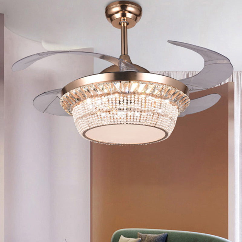 Clear Crystal Beaded LED Ceiling Fan Modern Style Wall Control/Remote Control/Frequency Convertible Semi Mount Light in Rose Gold Clearhalo 'Ceiling Fans with Lights' 'Ceiling Fans' 'Modern Ceiling Fans' 'Modern' Lighting' 279179