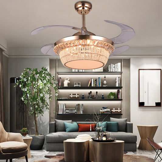 Clear Crystal Beaded LED Ceiling Fan Modern Style Wall Control/Remote Control/Frequency Convertible Semi Mount Light in Rose Gold Clearhalo 'Ceiling Fans with Lights' 'Ceiling Fans' 'Modern Ceiling Fans' 'Modern' Lighting' 279181