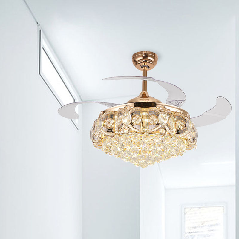 Tapered Opulent Crystal Ball Indoor Fan Light Modernity LED Gold Finish Ceiling Lamp with Remote Control/Wall Control/Frequency Conversion Gold Clearhalo 'Ceiling Fans with Lights' 'Ceiling Fans' 'Modern Ceiling Fans' 'Modern' Lighting' 279185