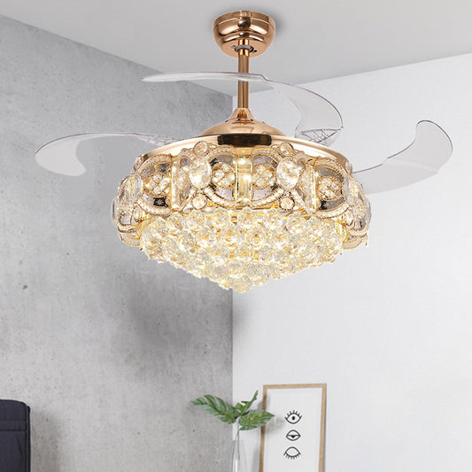 Tapered Opulent Crystal Ball Indoor Fan Light Modernity LED Gold Finish Ceiling Lamp with Remote Control/Wall Control/Frequency Conversion Clearhalo 'Ceiling Fans with Lights' 'Ceiling Fans' 'Modern Ceiling Fans' 'Modern' Lighting' 279186