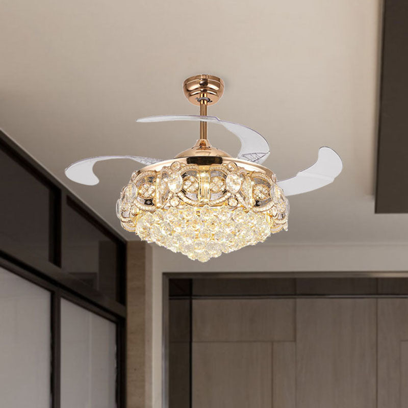 Tapered Opulent Crystal Ball Indoor Fan Light Modernity LED Gold Finish Ceiling Lamp with Remote Control/Wall Control/Frequency Conversion Clearhalo 'Ceiling Fans with Lights' 'Ceiling Fans' 'Modern Ceiling Fans' 'Modern' Lighting' 279187