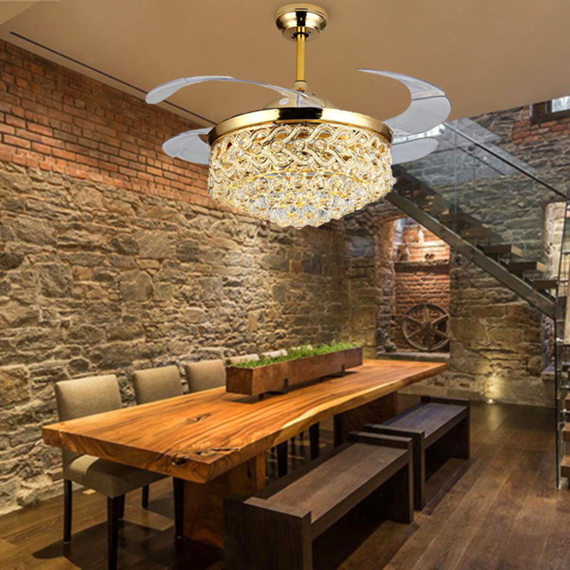 Simple Tapered Ceiling Fan Light Crystal Orbs Chrome/Gold Finish LED Hanging Lamp with Frequency Conversion/Remote Control/Wall Control Clearhalo 'Ceiling Fans with Lights' 'Ceiling Fans' 'Modern Ceiling Fans' 'Modern' Lighting' 279219