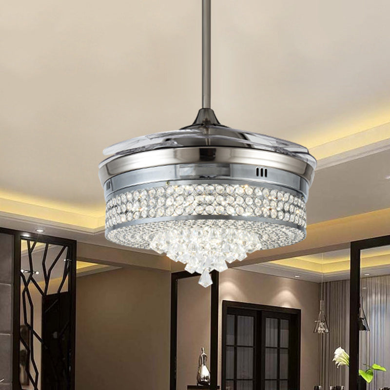 Wall Control/Remote Control/Frequency Convertible Tapered Fan Light Minimalist Clear Crystal LED Silver Hanging Wind Machine Clearhalo 'Ceiling Fans with Lights' 'Ceiling Fans' 'Modern Ceiling Fans' 'Modern' Lighting' 279231