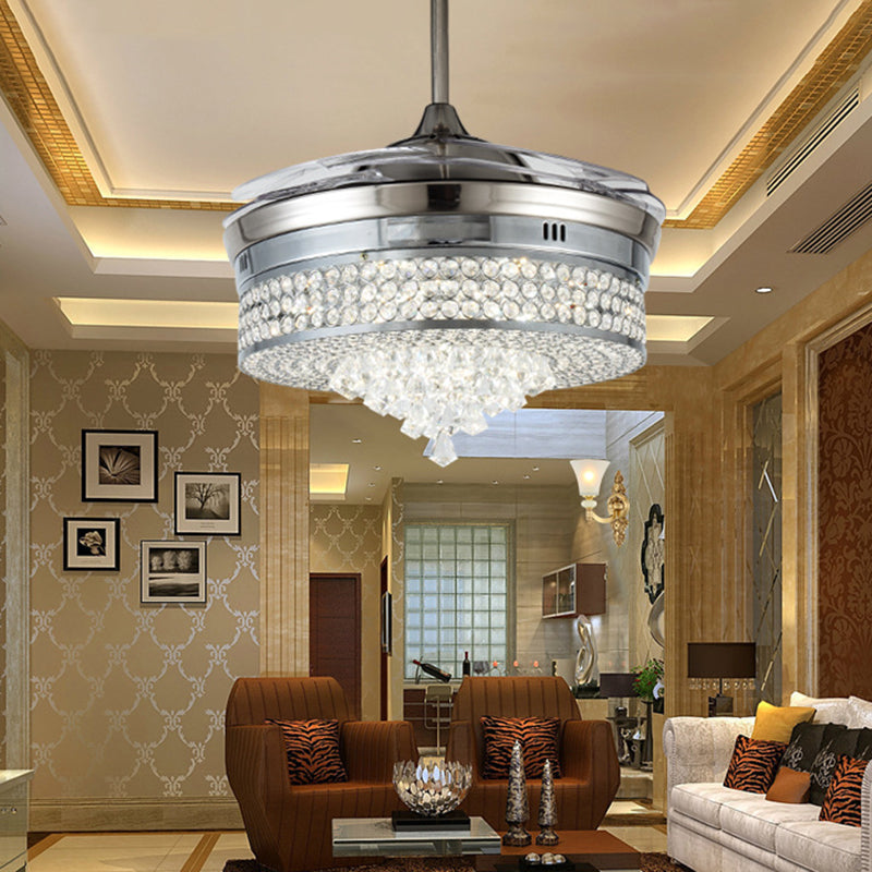 Wall Control/Remote Control/Frequency Convertible Tapered Fan Light Minimalist Clear Crystal LED Silver Hanging Wind Machine Clearhalo 'Ceiling Fans with Lights' 'Ceiling Fans' 'Modern Ceiling Fans' 'Modern' Lighting' 279232