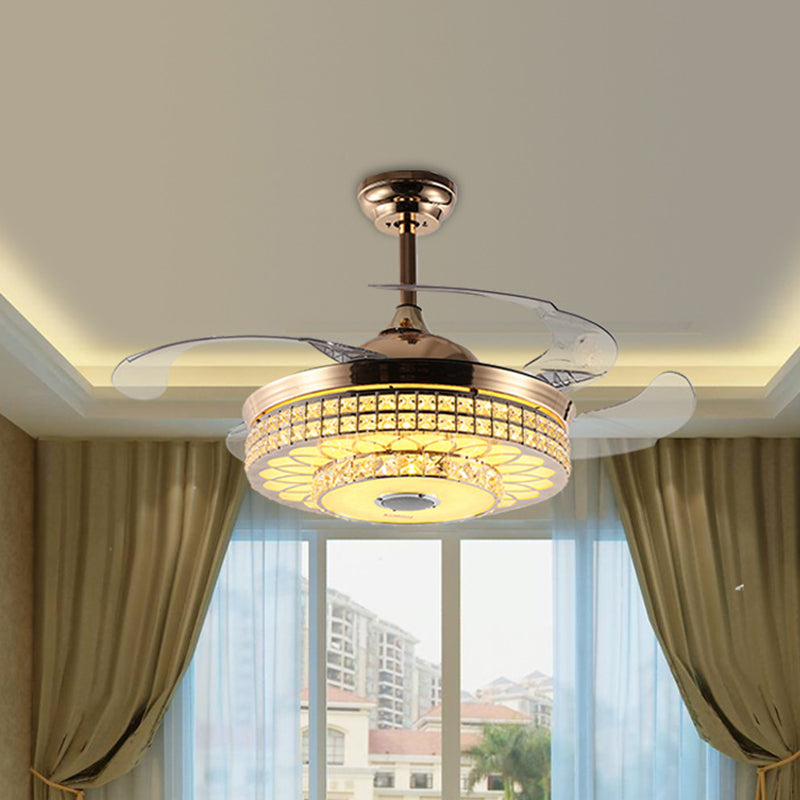 2-Tier LED Ceiling Fan Lighting Modern Wall Control/Remote Control/Frequency Convertible Faceted Crystal Hanging Light in Gold/Silver Gold Clearhalo 'Ceiling Fans with Lights' 'Ceiling Fans' 'Modern Ceiling Fans' 'Modern' Lighting' 279236