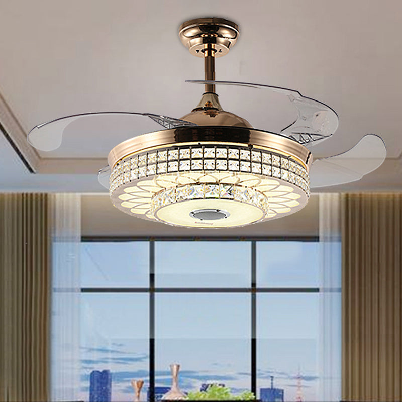 2-Tier LED Ceiling Fan Lighting Modern Wall Control/Remote Control/Frequency Convertible Faceted Crystal Hanging Light in Gold/Silver Clearhalo 'Ceiling Fans with Lights' 'Ceiling Fans' 'Modern Ceiling Fans' 'Modern' Lighting' 279238