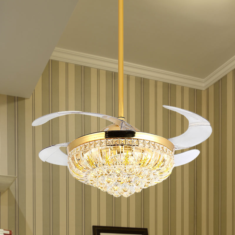 Cut Crystal Conical LED Ceiling Mount Fan Modern Stylish Golden Semi Flush Light with Remote Control/Wall Control/Frequency Conversion Gold Clearhalo 'Ceiling Fans with Lights' 'Ceiling Fans' 'Modern Ceiling Fans' 'Modern' Lighting' 279249