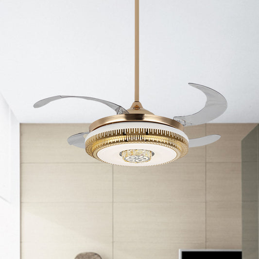 Modernist Drum Shape Fan Light Metallic LED Bedroom Hanging Ceiling Lamp with Crystal Detail, Frequency Conversion/Remote Control/Wall Control Gold Clearhalo 'Ceiling Fans with Lights' 'Ceiling Fans' 'Modern Ceiling Fans' 'Modern' Lighting' 279256