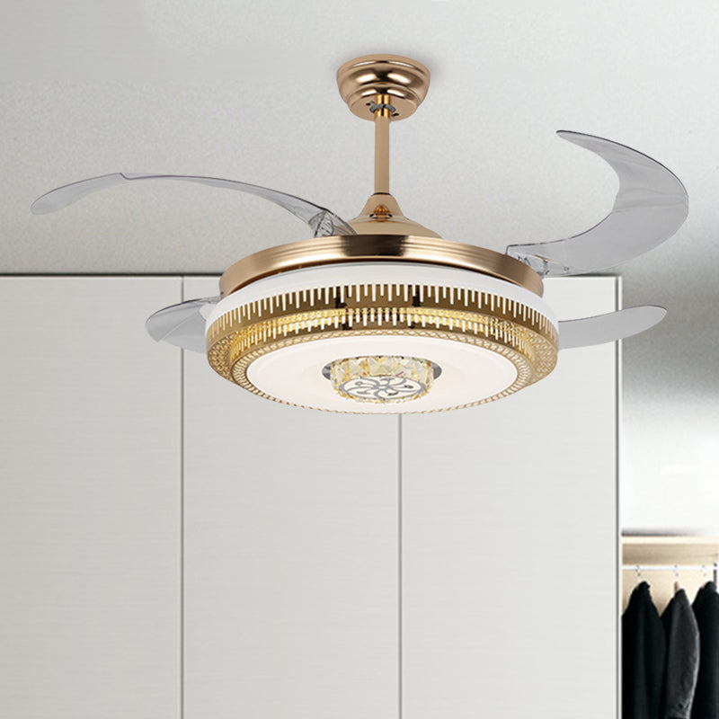 Modernist Drum Shape Fan Light Metallic LED Bedroom Hanging Ceiling Lamp with Crystal Detail, Frequency Conversion/Remote Control/Wall Control Clearhalo 'Ceiling Fans with Lights' 'Ceiling Fans' 'Modern Ceiling Fans' 'Modern' Lighting' 279257