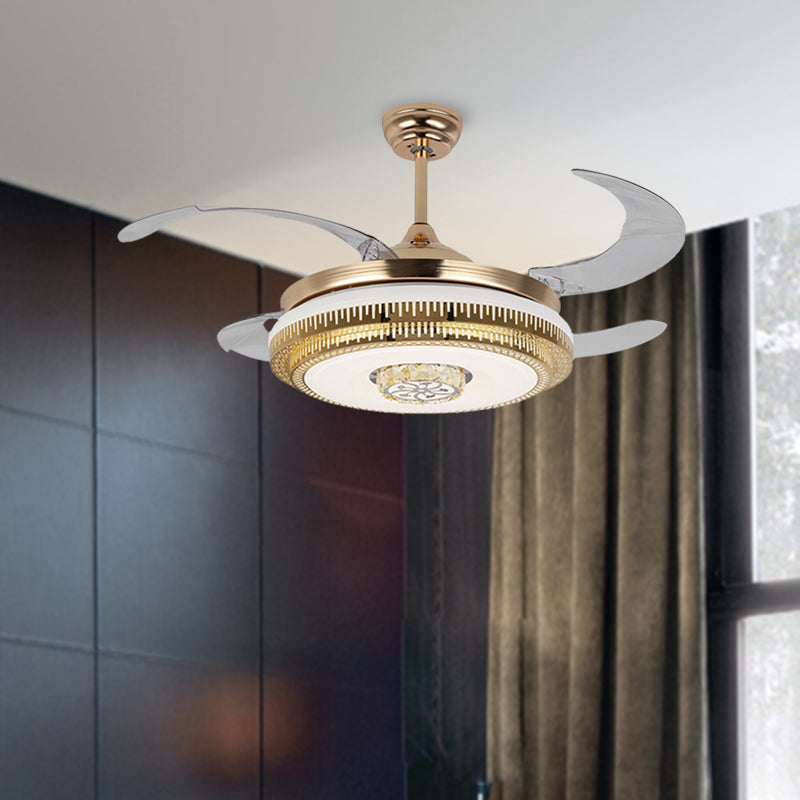 Modernist Drum Shape Fan Light Metallic LED Bedroom Hanging Ceiling Lamp with Crystal Detail, Frequency Conversion/Remote Control/Wall Control Clearhalo 'Ceiling Fans with Lights' 'Ceiling Fans' 'Modern Ceiling Fans' 'Modern' Lighting' 279258