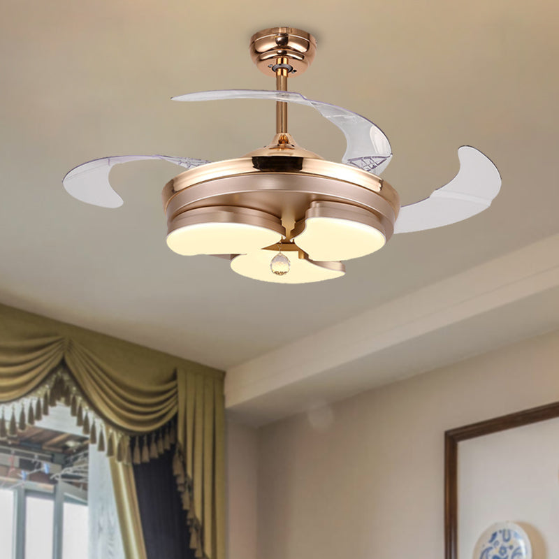 3/6 Leaf LED Ceiling Cooler Fan Modern Style Metal Rose Gold Semi Flush Mount Lamp with Crystal Drop, Frequency Conversion/Remote Control/Wall Control Gold B Clearhalo 'Ceiling Fans with Lights' 'Ceiling Fans' 'Modern Ceiling Fans' 'Modern' Lighting' 279270