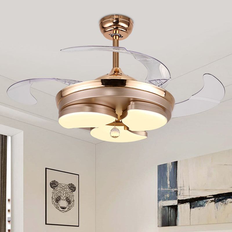 3/6 Leaf LED Ceiling Cooler Fan Modern Style Metal Rose Gold Semi Flush Mount Lamp with Crystal Drop, Frequency Conversion/Remote Control/Wall Control Clearhalo 'Ceiling Fans with Lights' 'Ceiling Fans' 'Modern Ceiling Fans' 'Modern' Lighting' 279271