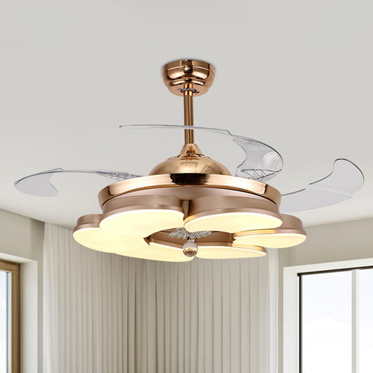 3/6 Leaf LED Ceiling Cooler Fan Modern Style Metal Rose Gold Semi Flush Mount Lamp with Crystal Drop, Frequency Conversion/Remote Control/Wall Control Gold A Clearhalo 'Ceiling Fans with Lights' 'Ceiling Fans' 'Modern Ceiling Fans' 'Modern' Lighting' 279275