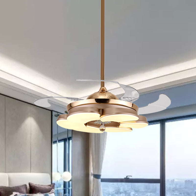 3/6 Leaf LED Ceiling Cooler Fan Modern Style Metal Rose Gold Semi Flush Mount Lamp with Crystal Drop, Frequency Conversion/Remote Control/Wall Control Clearhalo 'Ceiling Fans with Lights' 'Ceiling Fans' 'Modern Ceiling Fans' 'Modern' Lighting' 279276