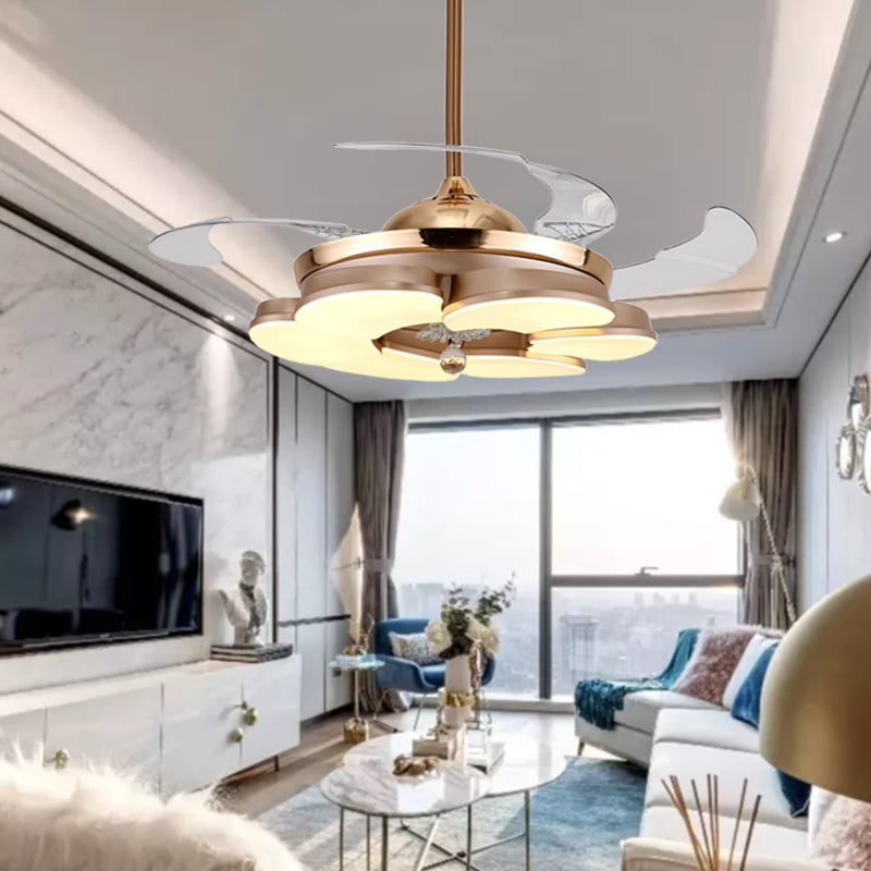 3/6 Leaf LED Ceiling Cooler Fan Modern Style Metal Rose Gold Semi Flush Mount Lamp with Crystal Drop, Frequency Conversion/Remote Control/Wall Control Clearhalo 'Ceiling Fans with Lights' 'Ceiling Fans' 'Modern Ceiling Fans' 'Modern' Lighting' 279277