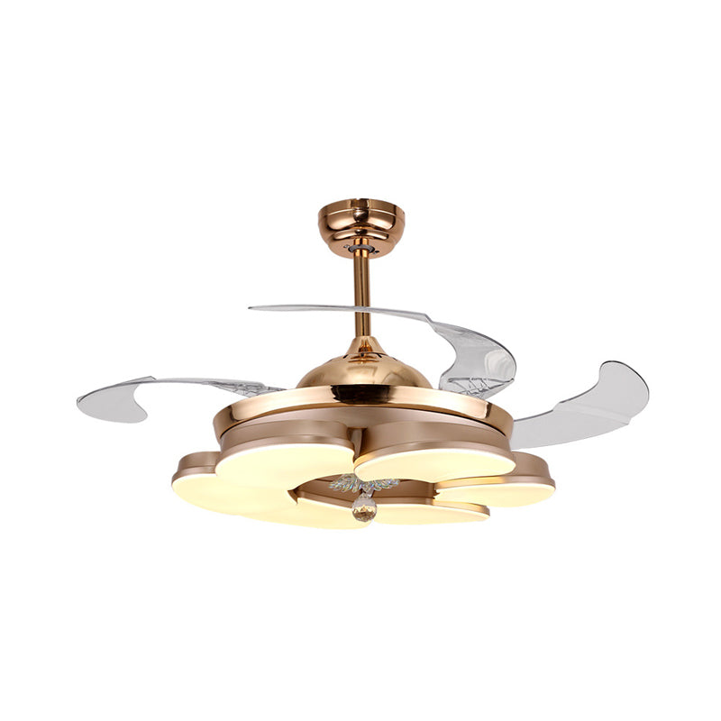 3/6 Leaf LED Ceiling Cooler Fan Modern Style Metal Rose Gold Semi Flush Mount Lamp with Crystal Drop, Frequency Conversion/Remote Control/Wall Control Clearhalo 'Ceiling Fans with Lights' 'Ceiling Fans' 'Modern Ceiling Fans' 'Modern' Lighting' 279278