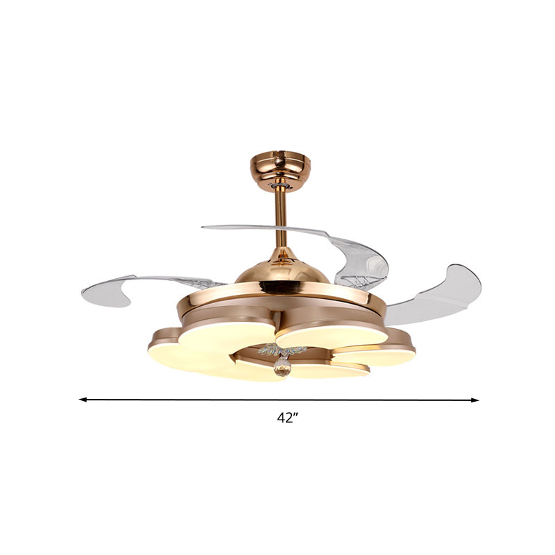 3/6 Leaf LED Ceiling Cooler Fan Modern Style Metal Rose Gold Semi Flush Mount Lamp with Crystal Drop, Frequency Conversion/Remote Control/Wall Control Clearhalo 'Ceiling Fans with Lights' 'Ceiling Fans' 'Modern Ceiling Fans' 'Modern' Lighting' 279279