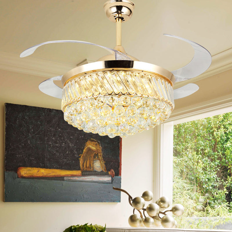 Gold Barrel Hanging Lamp with Fan Modern LED Crystal Orb Ceiling Lighting in Color-Changing/White Light, Wall Control/Remote Control/Frequency Conversion Gold Clearhalo 'Ceiling Fans with Lights' 'Ceiling Fans' 'Modern Ceiling Fans' 'Modern' Lighting' 279281