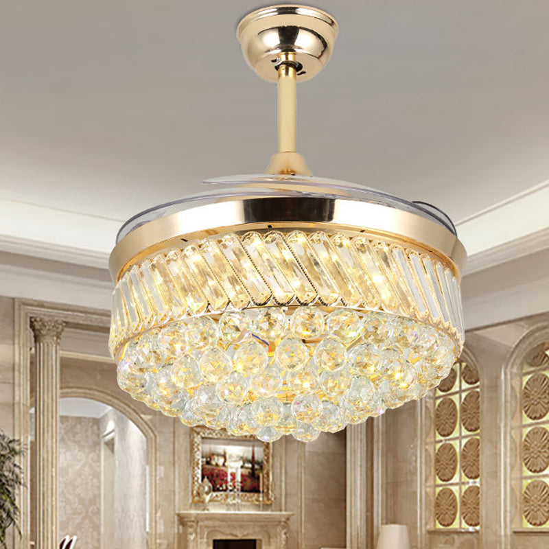 Gold Barrel Hanging Lamp with Fan Modern LED Crystal Orb Ceiling Lighting in Color-Changing/White Light, Wall Control/Remote Control/Frequency Conversion Clearhalo 'Ceiling Fans with Lights' 'Ceiling Fans' 'Modern Ceiling Fans' 'Modern' Lighting' 279282