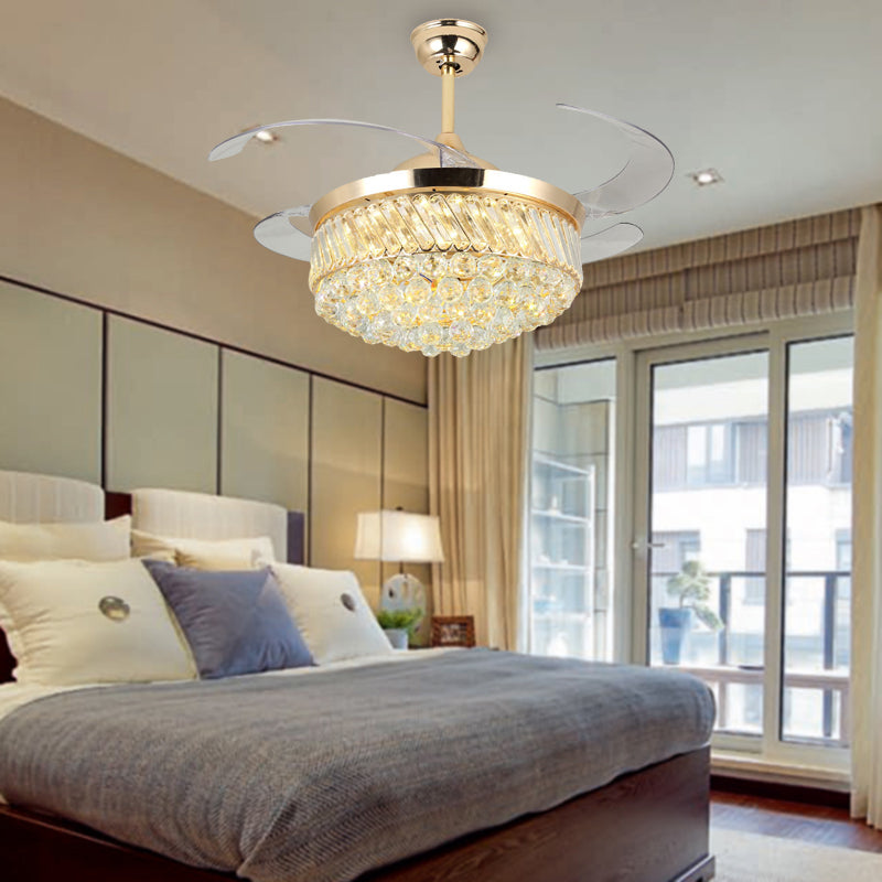 Gold Barrel Hanging Lamp with Fan Modern LED Crystal Orb Ceiling Lighting in Color-Changing/White Light, Wall Control/Remote Control/Frequency Conversion Clearhalo 'Ceiling Fans with Lights' 'Ceiling Fans' 'Modern Ceiling Fans' 'Modern' Lighting' 279283
