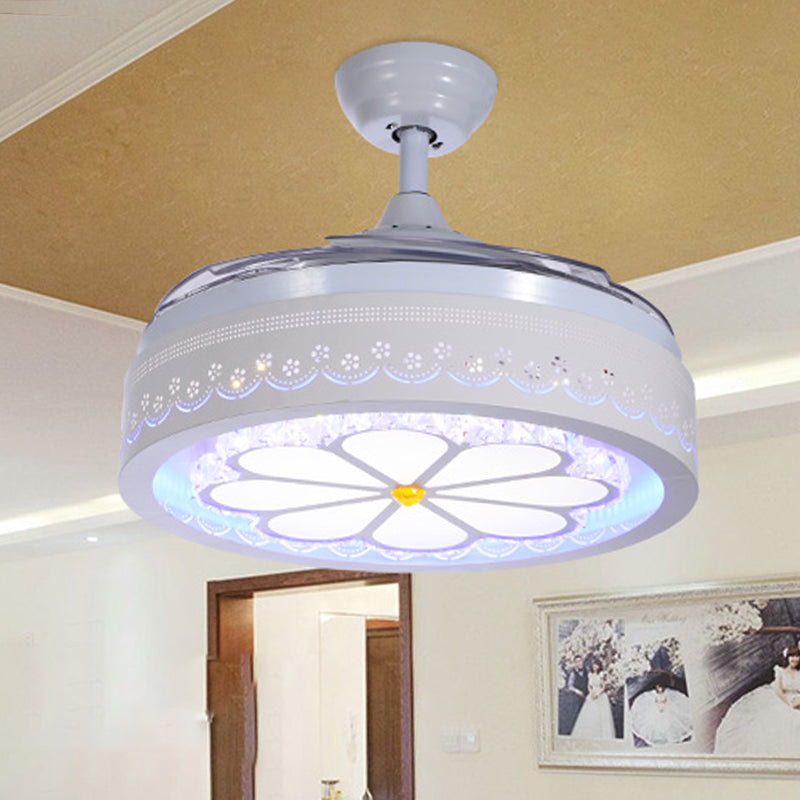 White Etched Petal Fan Light Kit Contemporary Clear Crystal LED Semi Flush Mount with Wall Control/Remote Control/Frequency Converter, 36"/42" W White Clearhalo 'Ceiling Fans with Lights' 'Ceiling Fans' 'Modern Ceiling Fans' 'Modern' Lighting' 279299