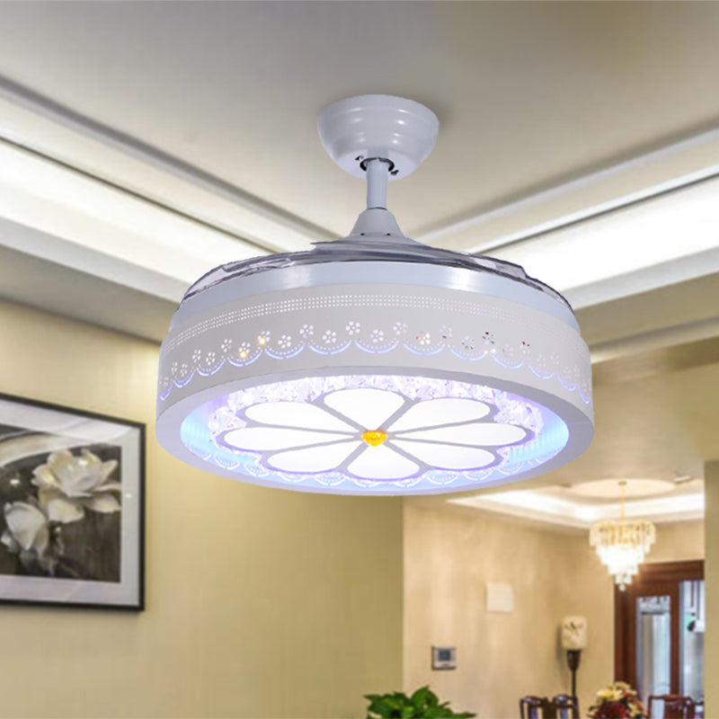 White Etched Petal Fan Light Kit Contemporary Clear Crystal LED Semi Flush Mount with Wall Control/Remote Control/Frequency Converter, 36"/42" W Clearhalo 'Ceiling Fans with Lights' 'Ceiling Fans' 'Modern Ceiling Fans' 'Modern' Lighting' 279301