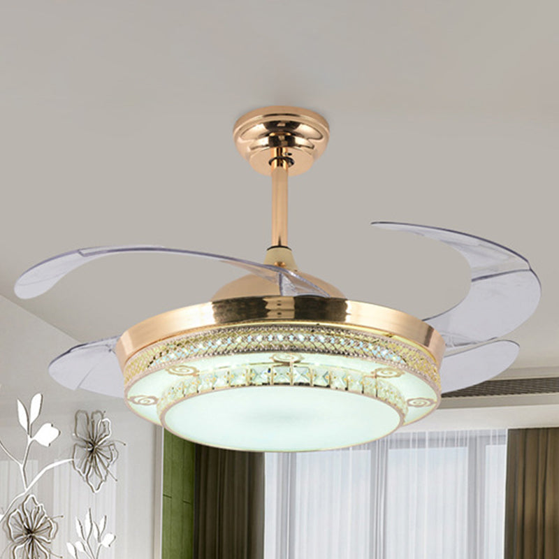 Gold Round LED Ceiling Fan Light Minimal Wall Control/Remote Control/Frequency Convertible Crystal Semi Mount Lamp in White/Color-Changing Light Clearhalo 'Ceiling Fans with Lights' 'Ceiling Fans' 'Modern Ceiling Fans' 'Modern' Lighting' 279307