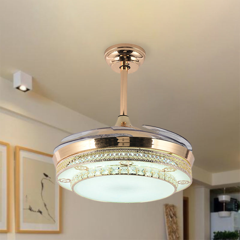 Gold Round LED Ceiling Fan Light Minimal Wall Control/Remote Control/Frequency Convertible Crystal Semi Mount Lamp in White/Color-Changing Light Clearhalo 'Ceiling Fans with Lights' 'Ceiling Fans' 'Modern Ceiling Fans' 'Modern' Lighting' 279308