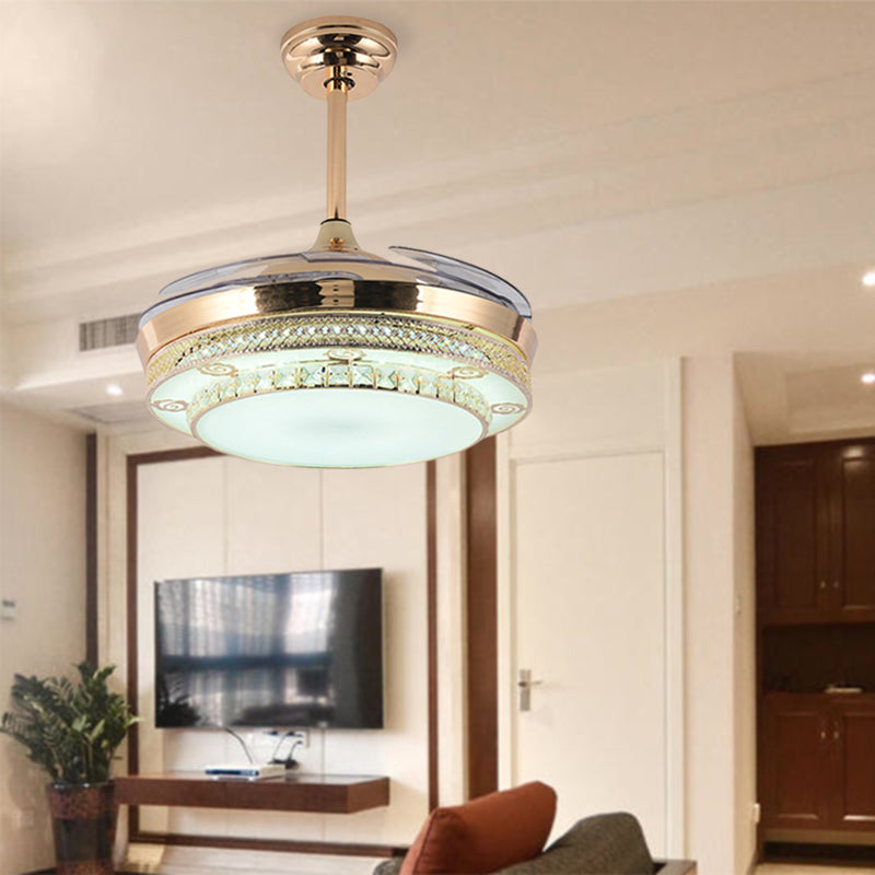 Gold Round LED Ceiling Fan Light Minimal Wall Control/Remote Control/Frequency Convertible Crystal Semi Mount Lamp in White/Color-Changing Light Clearhalo 'Ceiling Fans with Lights' 'Ceiling Fans' 'Modern Ceiling Fans' 'Modern' Lighting' 279309